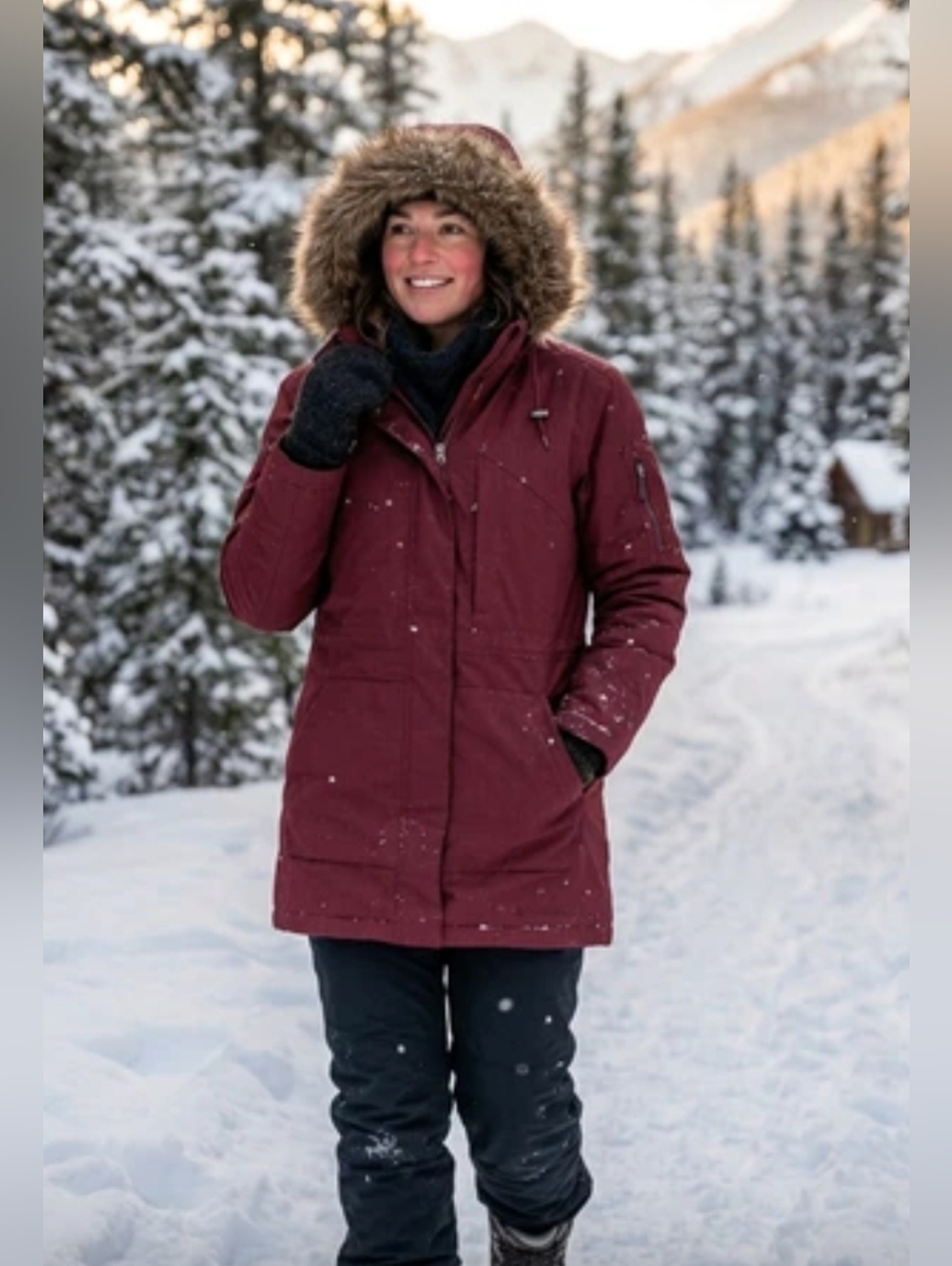 Wind River Women's Tmax Hyper-dri Red Hooded Winter Jacket with Faux Fur Trim L